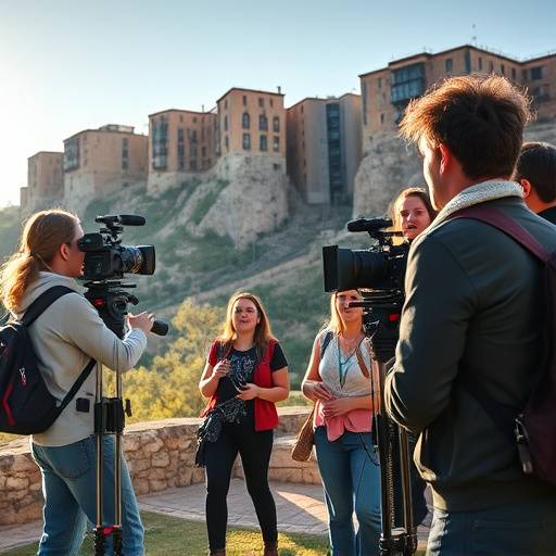 Grupo de personas disfrutando de un tour cinematogr&aacute;fico en una localizaci&oacute;n de rodaje en Espa&ntilde;a.
